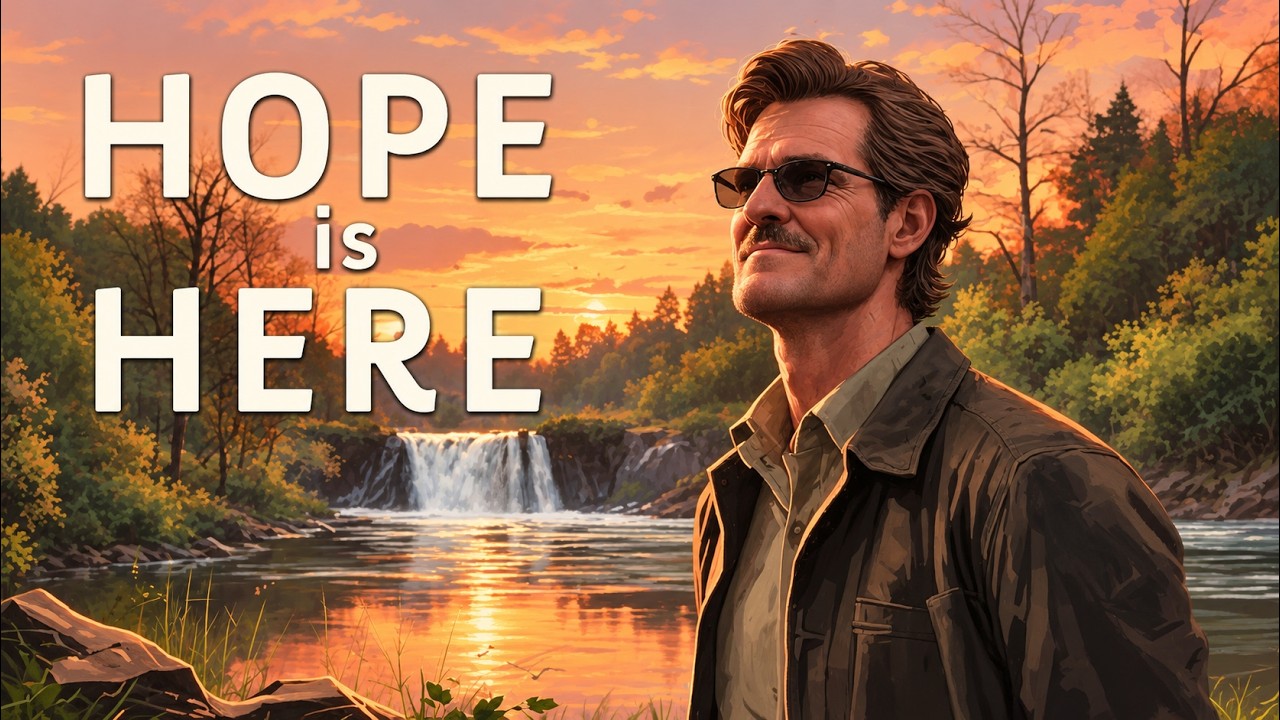 Hope is Here — illustrated man beside a river at sunset